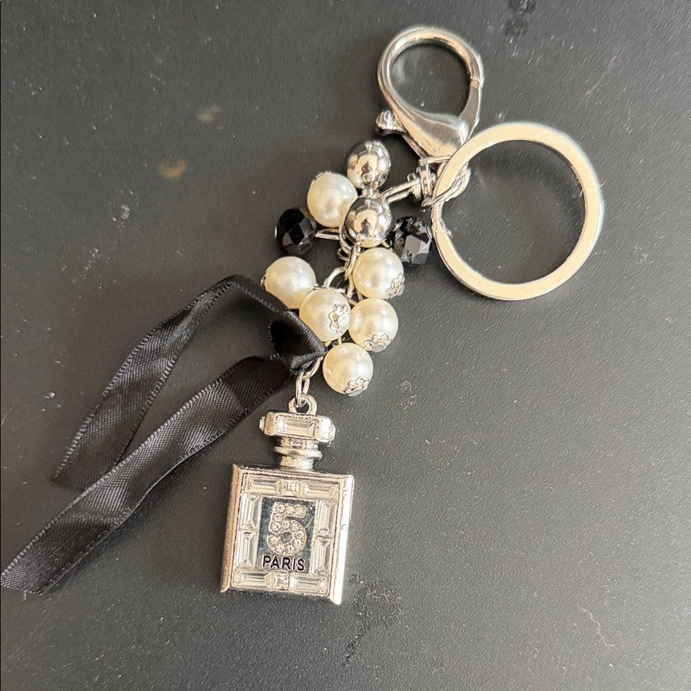 Pearl & Crystal Perfume Bottle Keychain with Ribbon